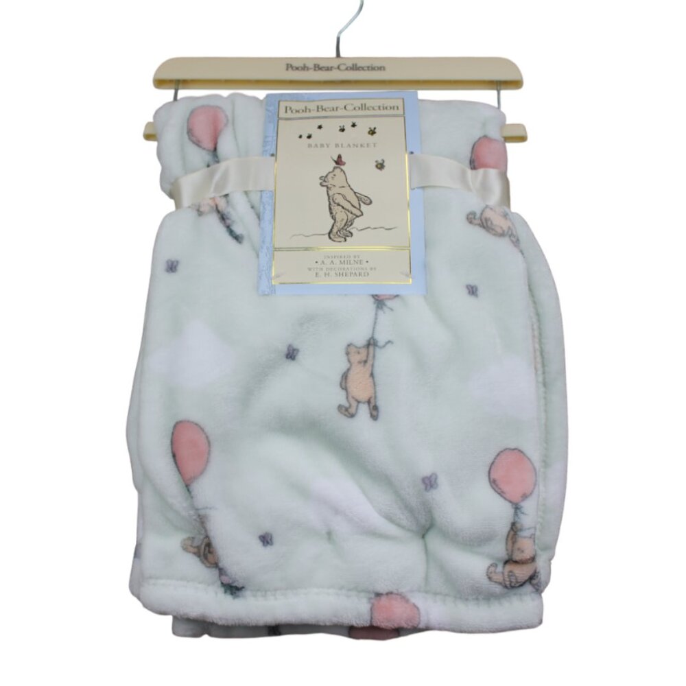 Winnie the Pooh Bear Collection Green Baby Blanket Pink Balloon Fleece Soft NWT